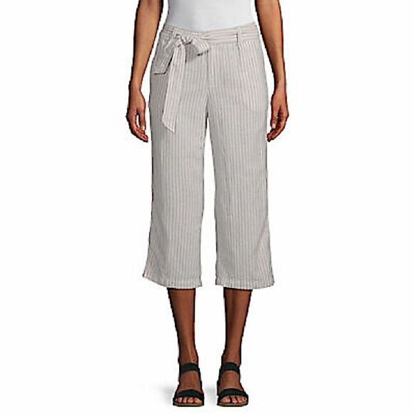 Liz Claiborne Belted tan flax Striped Crop Pants linen coastal beachy plus 2XL - Picture 1 of 14